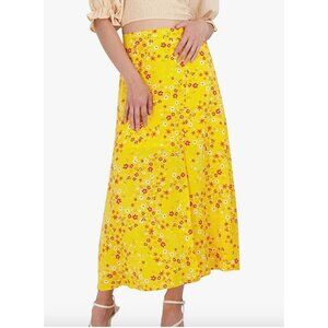 BCBGeneration Midi Skirt Womens Size M Yellow Summer Daisy Floral Slit Side NWT